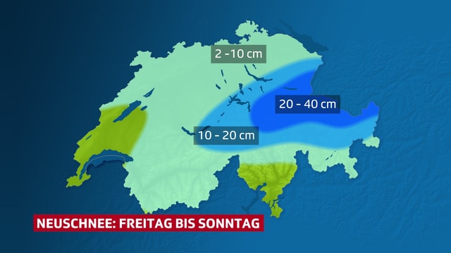 Schweizerkarte mit den Schneemengen. Osten bis 40 cm, Westen kaum Schnee. Schweizerkarte mit den Schneemengen. Osten bis 40 cm, Westen kaum Schnee.