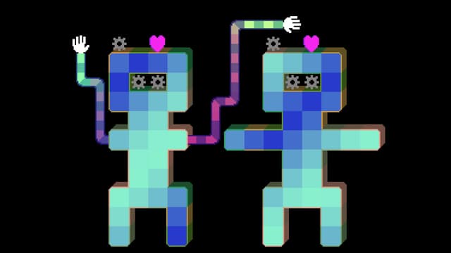 Zwei Pixelgestalten, zwei Herzen, zwei Hände - so schwierig kann Liebe sein. Zwei Pixelgestalten, zwei Herzen, zwei Hände - so schwierig kann Liebe sein.