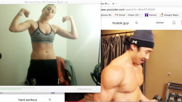 Screenshots einer Frau und eines Mannes, die ihre Muskeln zeigen. Screenshots einer Frau und eines Mannes, die ihre Muskeln zeigen.
