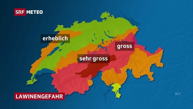 Vom Oberwallis bis ins Tujetsch besteht sehr grosse Lawinengefahr, also Stufe 5 von 5. Vom Oberwallis bis ins Tujetsch besteht sehr grosse Lawinengefahr, also Stufe 5 von 5.