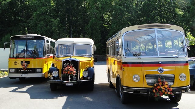 Drei alte Postautos der Marke Saurer. Drei alte Postautos der Marke Saurer.
