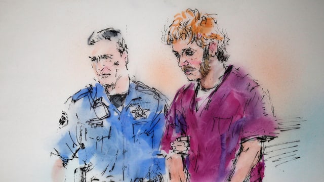 Gerichtzeichnung von Holmes mit einem Wächter. Gerichtzeichnung von Holmes mit einem Wächter.