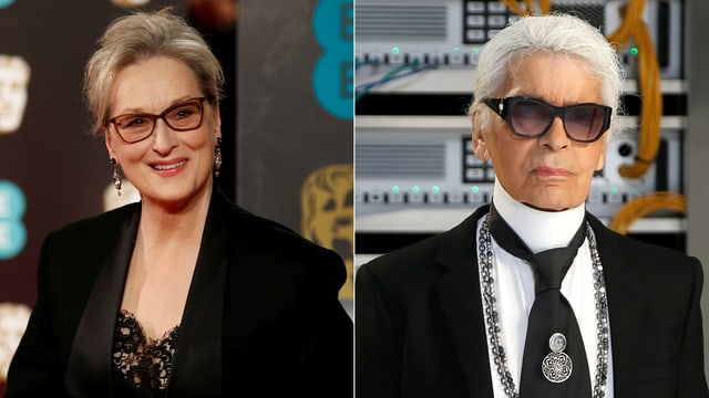Porträt von Meryl Streep. Porträt von Karl Lagerfeld. Porträt von Meryl Streep. Porträt von Karl Lagerfeld.
