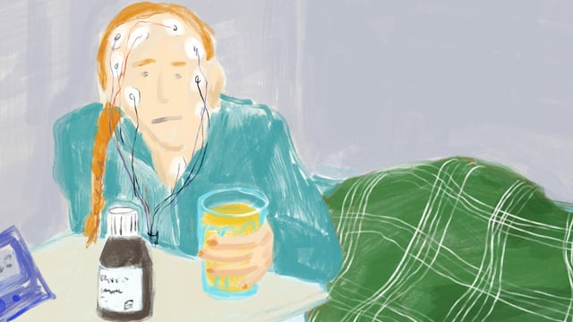 Illustration einer Frau mit diversen Elektroden am Kopf, die mit trüber Miene an einem Tisch sitz und ein Getränkeglas in der Hand hält. Illustration einer Frau mit diversen Elektroden am Kopf, die mit trüber Miene an einem Tisch sitz und ein Getränkeglas in der Hand hält.