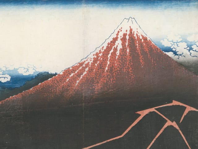 japanischer Holzschnitt eines dunkelroten Berges japanischer Holzschnitt eines dunkelroten Berges