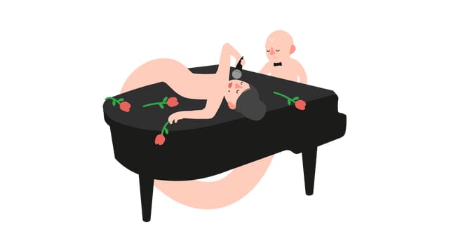 Ein Wurmkopf am Piano, der bzw. die andere oben drauf, singend, mit Rosen. Ein Wurmkopf am Piano, der bzw. die andere oben drauf, singend, mit Rosen.
