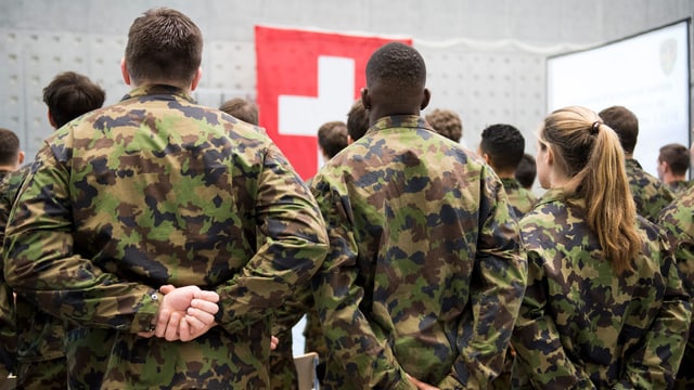 Soldaten von hinten, vor ihnen eine Schweizer Flagge. Soldaten von hinten, vor ihnen eine Schweizer Flagge.