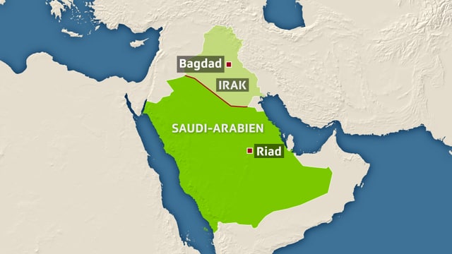 Kartenausschnitt, der die Grenze zwischen Saudi-Arabien und dem Irak zeigt Kartenausschnitt, der die Grenze zwischen Saudi-Arabien und dem Irak zeigt