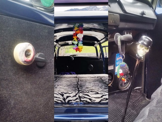 Zebra-Bezug, Totenkopf-Schalthebel und Rollbrett-Fensterkurbel.