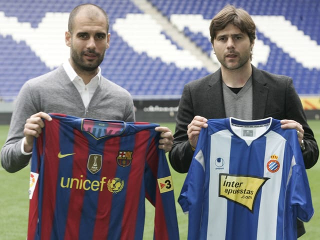 Pep Guardiola (links) und Maurizio Pochettino vor einem Derby 2010 zwischen Barcelona und Espanyol. Pep Guardiola (links) und Maurizio Pochettino vor einem Derby 2010 zwischen Barcelona und Espanyol.