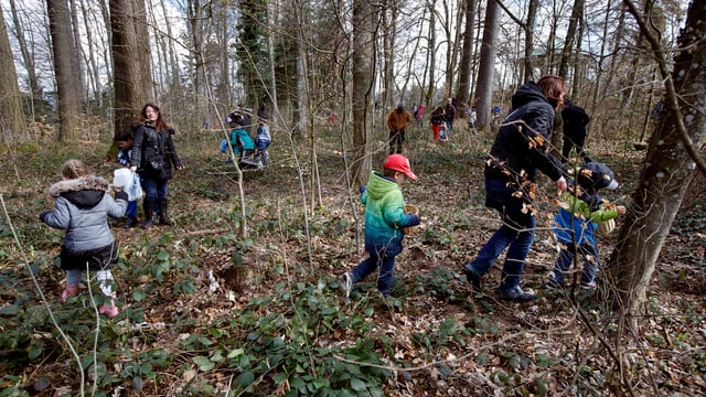 Viele Kinder und einige Eltern laufen auf der Eiersuche in einem Wald umher Viele Kinder und einige Eltern laufen auf der Eiersuche in einem Wald umher