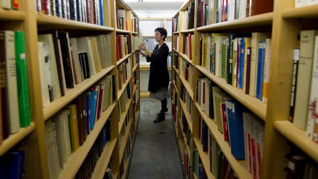 Zwei Gestelle mit Büchern, dazwischen eine Frau. Zwei Gestelle mit Büchern, dazwischen eine Frau.