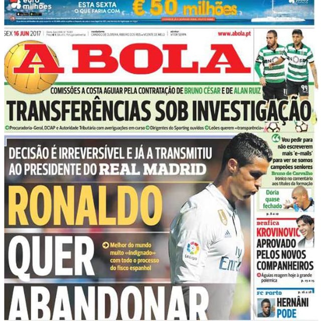 Die Titelseite von «A Bola». Die Titelseite von «A Bola».