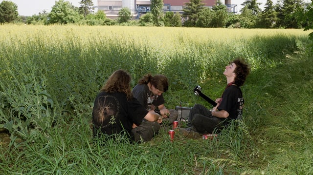 Drei Heavy-Metal-Fans mit Gitarre im Kornfeld Drei Heavy-Metal-Fans mit Gitarre im Kornfeld