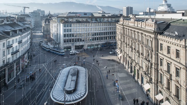 Blick aus der Vogelperspektive auf den Zürcher Paradeplatz. Blick aus der Vogelperspektive auf den Zürcher Paradeplatz.
