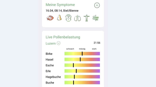 Screenshot der App: "Meine Symptome" und "Live Pollenbelastung"