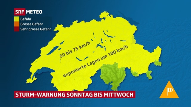 Schweizerkarte mit Gebieten in denen Sturmwarnung vorkommt. Schweizerkarte mit Gebieten in denen Sturmwarnung vorkommt.