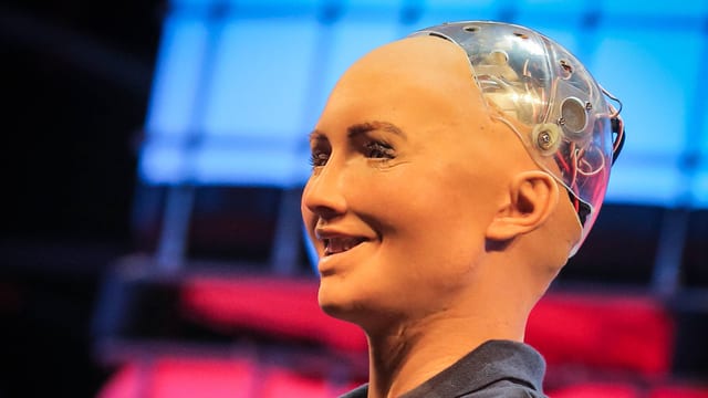Ein Roboterkopf lächelt unheimlich vor sich hin. Ein Roboterkopf lächelt unheimlich vor sich hin.