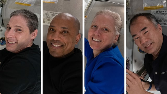 Vier Astronautinnen und Astronauten, die zur ISS flogen. Von links nach rechts: Michael Hopkins, Victor Glover, Shannon Walker und Soichi Noguchi. Vier Astronautinnen und Astronauten, die zur ISS flogen. Von links nach rechts: Michael Hopkins, Victor Glover, Shannon Walker und Soichi Noguchi.