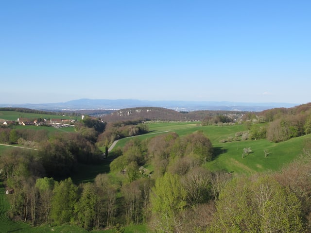 Wälder, Wiesen, in der Ferne eine Stadt.