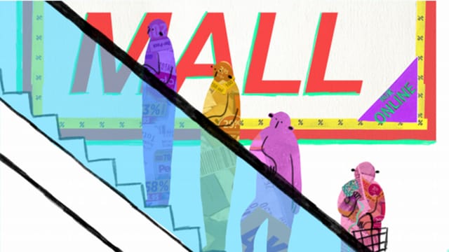 Gezeichnete Menschen auf einer Rolltreppe aus dem Film Megamall. Gezeichnete Menschen auf einer Rolltreppe aus dem Film Megamall.