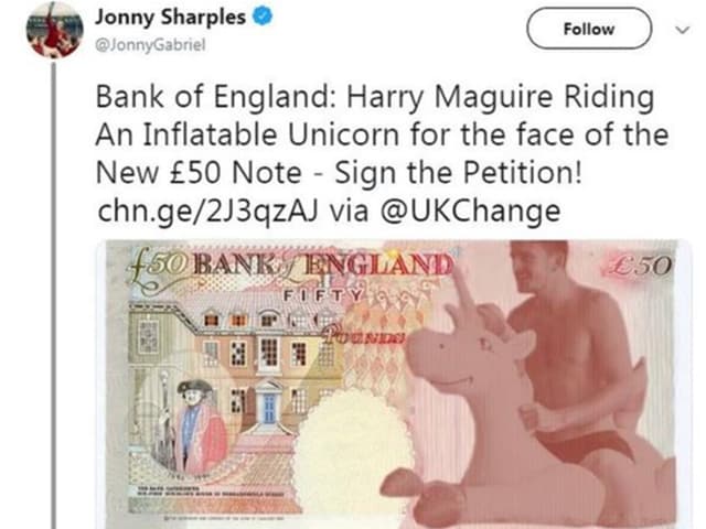 Harry Maguire auf der 50-Pfund-Note. Harry Maguire auf der 50-Pfund-Note.