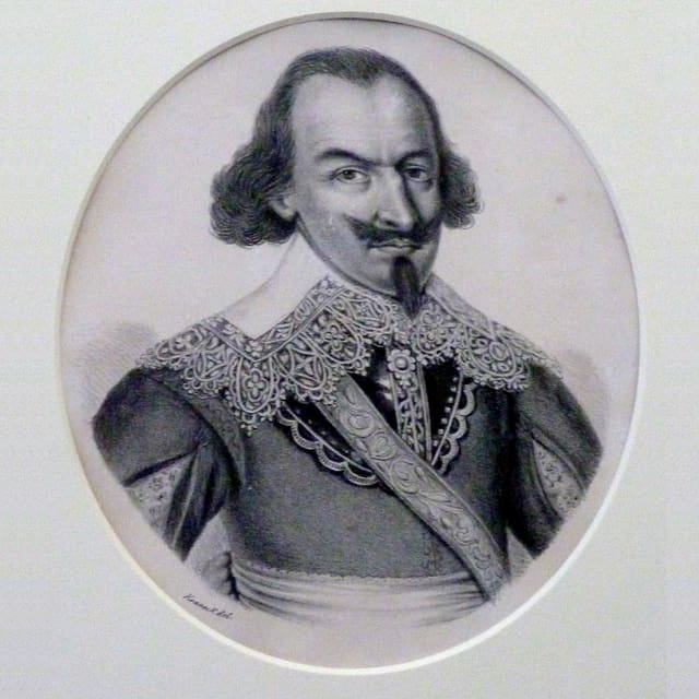 Gemälde mit einem Porträt von Jörg Jenatsch hinter einem ovalen Passepartout. Gemälde mit einem Porträt von Jörg Jenatsch hinter einem ovalen Passepartout.