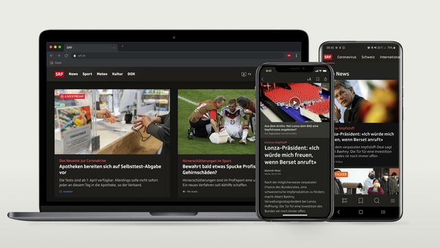 Notebook und zwei Smartphones zeigen SRF.ch und die SRF-News-App mit aktiviertem Dark Mode Notebook und zwei Smartphones zeigen SRF.ch und die SRF-News-App mit aktiviertem Dark Mode