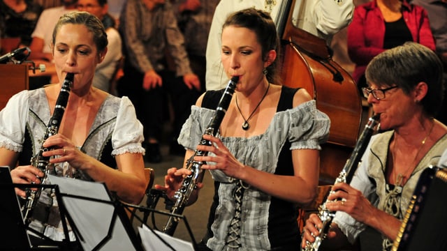 Die 3 Klarinettistinnen musizieren konzentriert