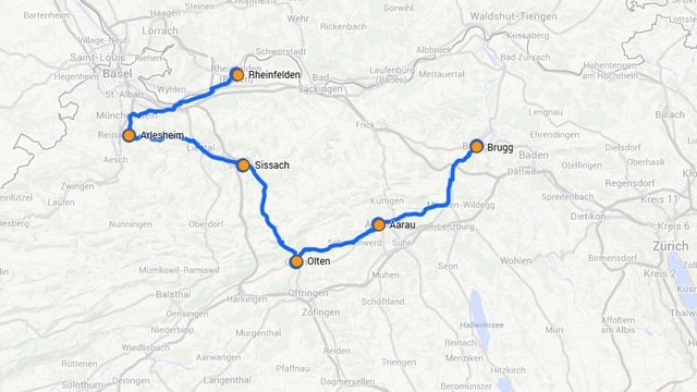 Karte mit der ganzen Route eingezeichnet. Karte mit der ganzen Route eingezeichnet.