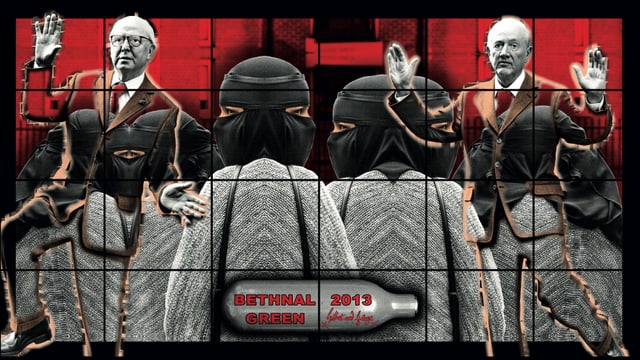 Menschen, die ihr Gesicht bedeckt haben. Auch im Bild: Gilbert & George. Menschen, die ihr Gesicht bedeckt haben. Auch im Bild: Gilbert & George.