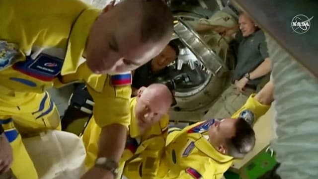 The three Russian cosmonauts on the ISS space station. The three Russian cosmonauts on the ISS space station.