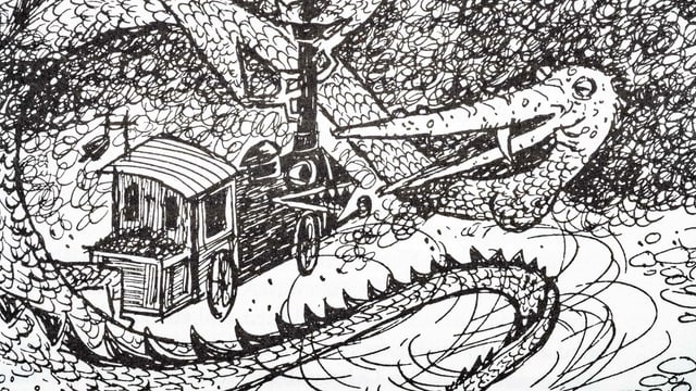 Eine Schwarz-Weisse Illustration einer Lokomotive die einem Drachen entgegenfährt. Eine Schwarz-Weisse Illustration einer Lokomotive die einem Drachen entgegenfährt.