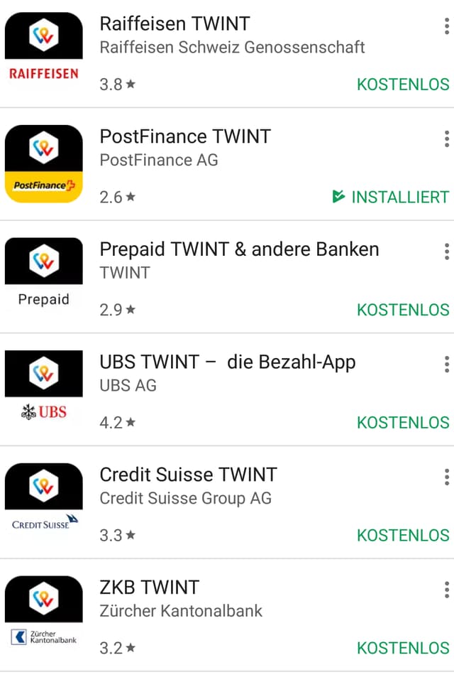 Screenshot aus Google Play Store mit Twint-Versionen von 7 verschiedenen Banken. Screenshot aus Google Play Store mit Twint-Versionen von 7 verschiedenen Banken.