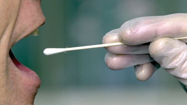 Einem Mann wird mit einem Wattestäbchen ein DNA-Probe entnommen