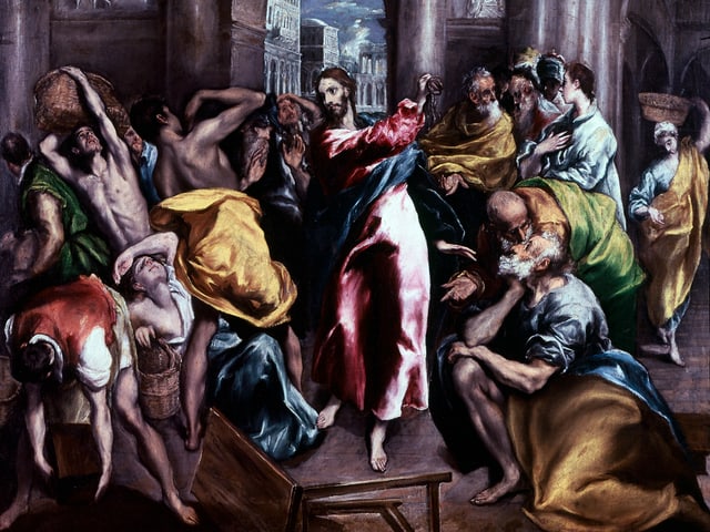 Ein altes Gemälde: Christus vertreibt die Geldwechsler mit einer Peitsche aus dem Tempel: El Grecos «Tempelreinigung». Ein altes Gemälde: Christus vertreibt die Geldwechsler mit einer Peitsche aus dem Tempel: El Grecos «Tempelreinigung».