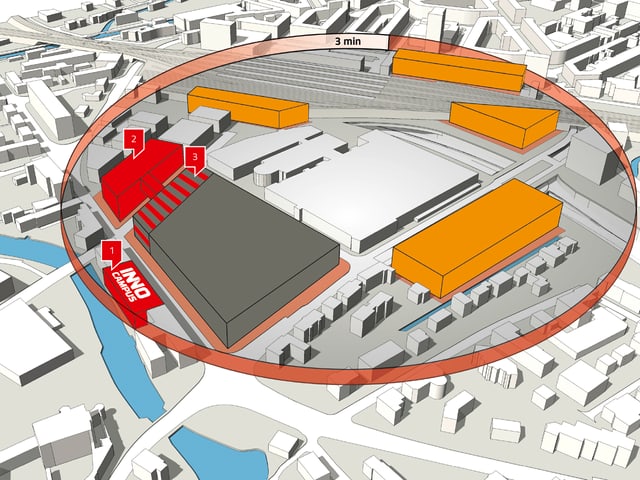 Plan mit Situation des Neubaus des Innovationsparks. Plan mit Situation des Neubaus des Innovationsparks.