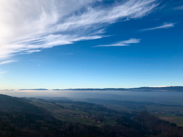 Blick über das grüne Mittelland bis zu leicht verschneiten Juragipfeln.