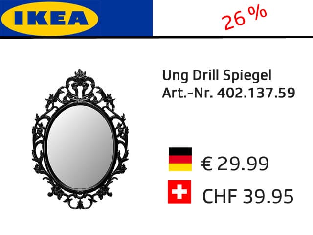 Ikea-Grafik mit Preisvergleich Deutschland-Schweiz: Spiegel Ung Drill. + 26%.