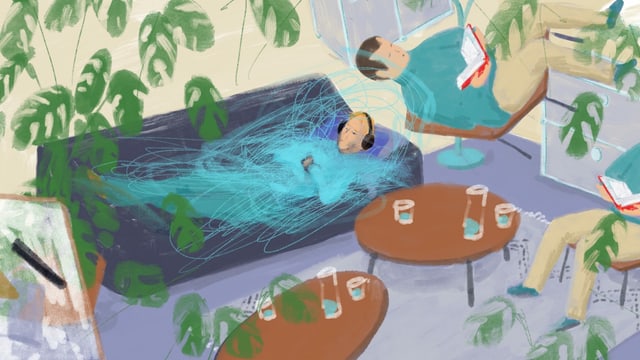 Illustration einer Person im Stadium der Verwirrung, die mit Kopfhörern auf einer Couch liegt, daneben sitzt ein Mann mit Buch in der Hand. Illustration einer Person im Stadium der Verwirrung, die mit Kopfhörern auf einer Couch liegt, daneben sitzt ein Mann mit Buch in der Hand.