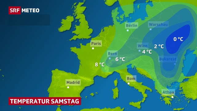 Flächig dargestellt die Temperatur in Europa am Samstag, der Kältepol liegt beim Schwarzen Meer. Flächig dargestellt die Temperatur in Europa am Samstag, der Kältepol liegt beim Schwarzen Meer.
