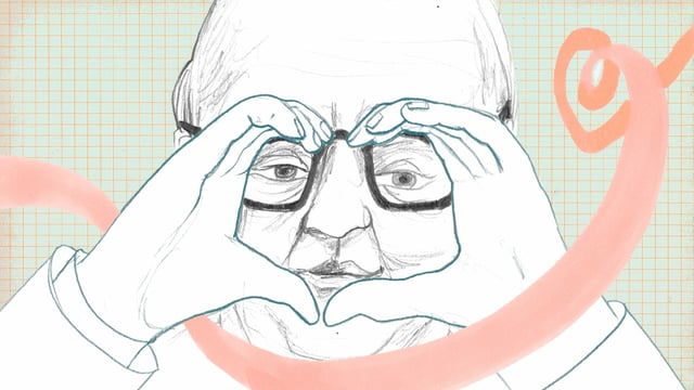 Zeichnung: Dürrenmatt Gesicht von nah. er formt mit den Händen einHerz, durch das er schaut Zeichnung: Dürrenmatt Gesicht von nah. er formt mit den Händen einHerz, durch das er schaut