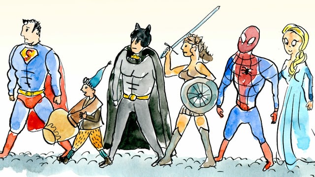 Schellen-Ursli neben Superman, Spiderman, Wonderwoman. Schellen-Ursli neben Superman, Spiderman, Wonderwoman.