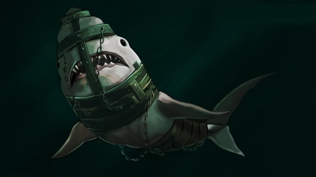 Ein Haifisch, gefangen in einem mittelalterlichen Eisen-Harnisch Ein Haifisch, gefangen in einem mittelalterlichen Eisen-Harnisch