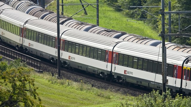Ein Zug des Typs Einheitswagen IV fährt in einer grünen Landschaft. Ein Zug des Typs Einheitswagen IV fährt in einer grünen Landschaft.