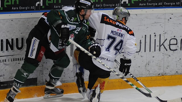 Zwei Eishockeyspieler im Duell um den Puck Zwei Eishockeyspieler im Duell um den Puck