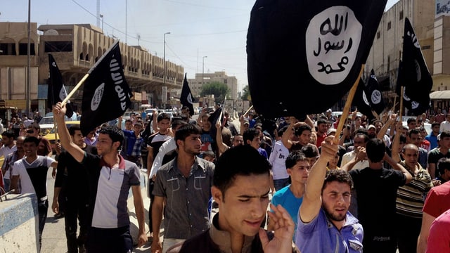Sympathisanten schwenken schwarze islamistische Flaggen an einer Demonstation in Irak. Sympathisanten schwenken schwarze islamistische Flaggen an einer Demonstation in Irak.