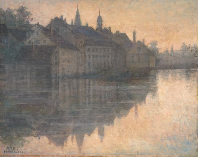 Gemaltes Bild: Stadtansicht mit Fluss. Gemaltes Bild: Stadtansicht mit Fluss.