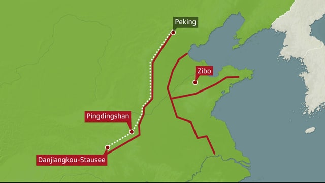 Auf einer Karte ist das Wasserprojekt von Chinas Süden bis Chinas Norden ersichtlich. Auf einer Karte ist das Wasserprojekt von Chinas Süden bis Chinas Norden ersichtlich.