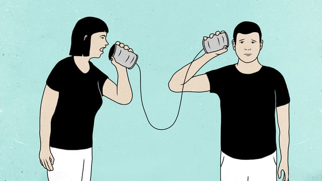 Eine Frau und ein Mann sprechen durch ein Büchsen-Telefon. Eine Frau und ein Mann sprechen durch ein Büchsen-Telefon.